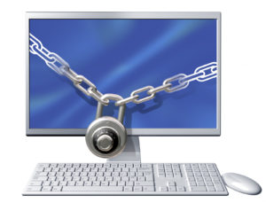 Isolated illustration of a computer secured with a large chain and padlock